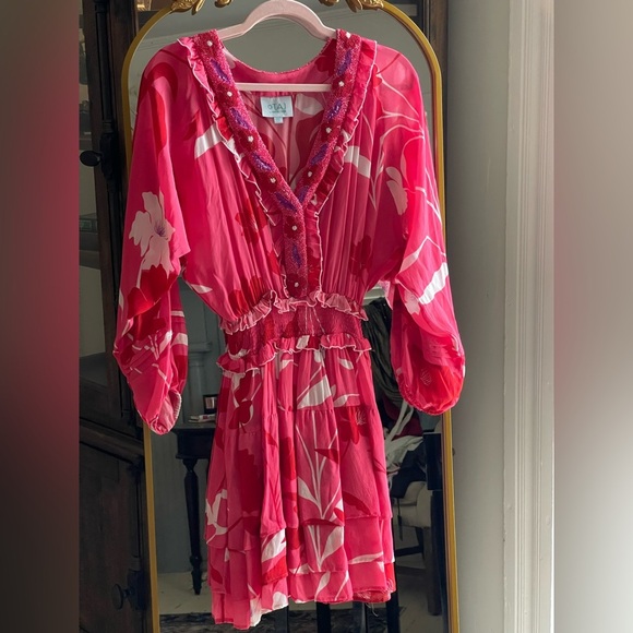 NWOT TAJ by Sabrina Crippa EVI Floral Pink Beaded V Neck Mini Dress - Picture 1 of 9